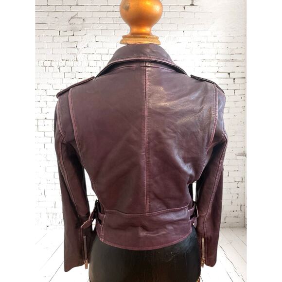 Amaryllis Distressed 100% Leather Moto Deep Jacket Purple Asymmetric Zip Size S - Picture 12 of 15